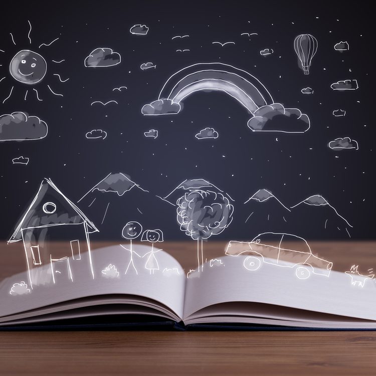 Offenes Buch mit skizzierten Szenen: Sonne, Regenbogen, Berge, Haus und Auto.